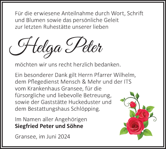 Traueranzeige von Helga Peter von Märkische Oderzeitung