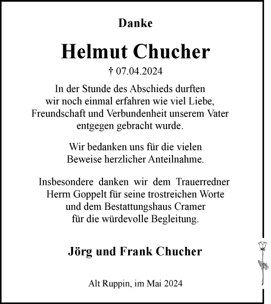 Traueranzeige von Helmut Chucher von Märkische Oderzeitung