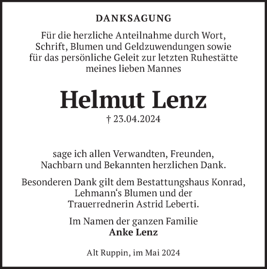 Traueranzeige von Helmut Lenz von Märkische Oderzeitung