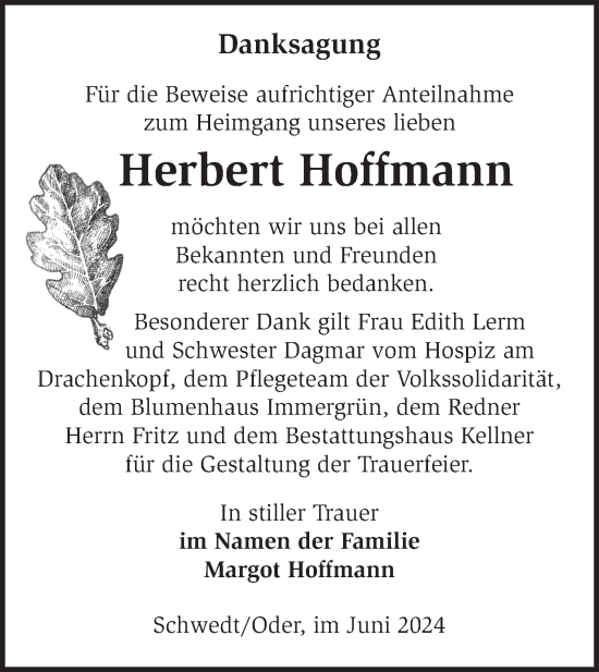 Traueranzeige von Herbert Hoffmann von Märkische Oderzeitung