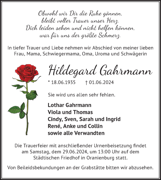 Traueranzeige von Hildegard Gahrmann von Märkische Oderzeitung