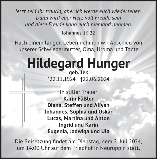 Traueranzeige von Hildegard Hunger von Märkische Oderzeitung