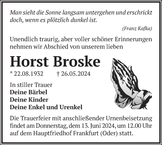 Traueranzeige von Horst Broske von Märkische Oderzeitung