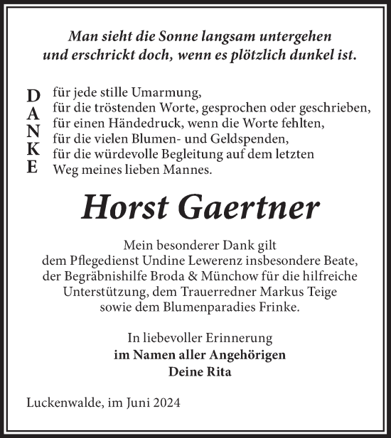 Traueranzeige von Horst Gaertner von Märkische Oderzeitung