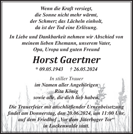 Traueranzeige von Horst Gaertner von Märkische Oderzeitung