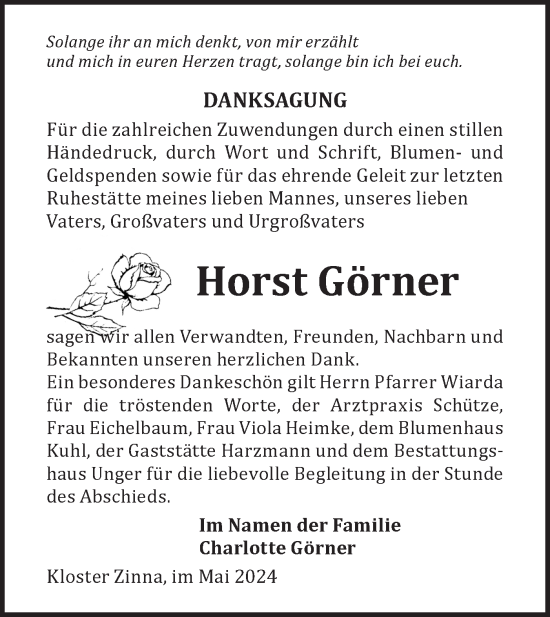 Traueranzeige von Horst Görner von Märkische Oderzeitung