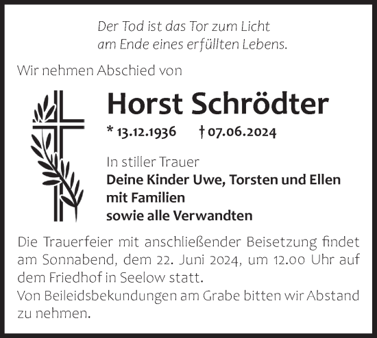 Traueranzeige von Horst Schrödter von Märkische Oderzeitung