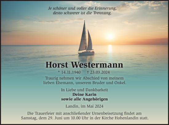 Traueranzeige von Horst Westermann von Märkische Oderzeitung