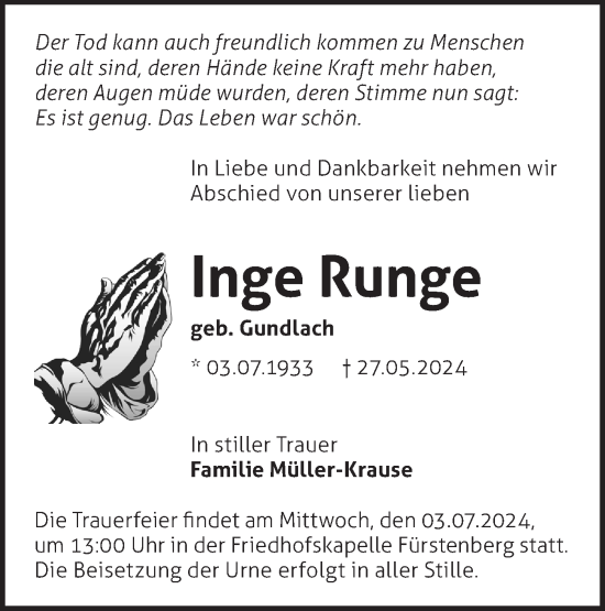 Traueranzeige von Inge Runge von Märkische Oderzeitung