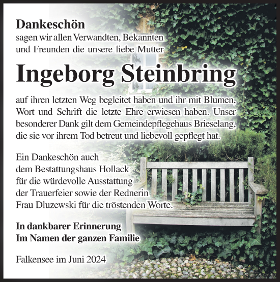 Traueranzeige von Ingeborg Steinbring von Märkische Oderzeitung