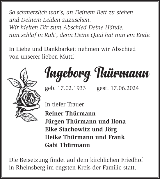 Traueranzeige von Ingeborg Thürmann von Märkische Oderzeitung