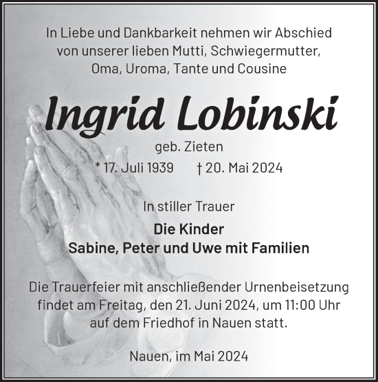 Traueranzeige von Ingrid Lobinski von Märkische Oderzeitung