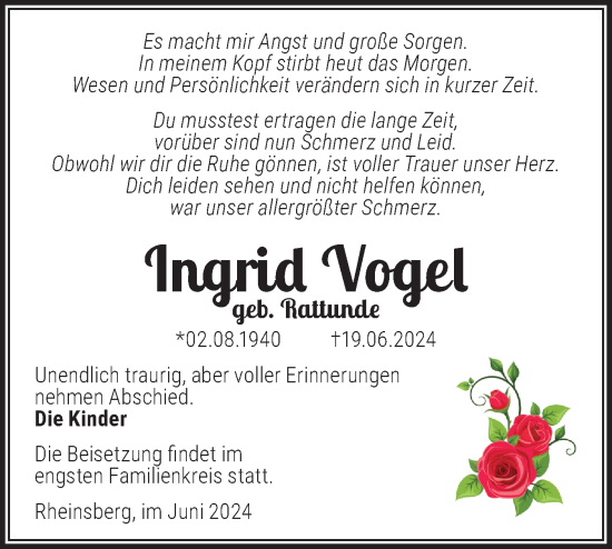 Traueranzeige von Ingrid Vogel von Märkische Oderzeitung