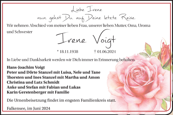 Traueranzeige von Irene Voigt von Märkische Oderzeitung