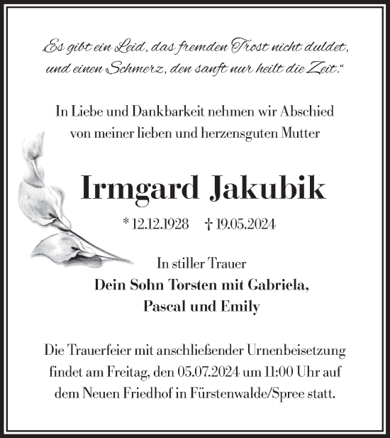 Traueranzeige von Irmgard Jakubik von Märkische Oderzeitung