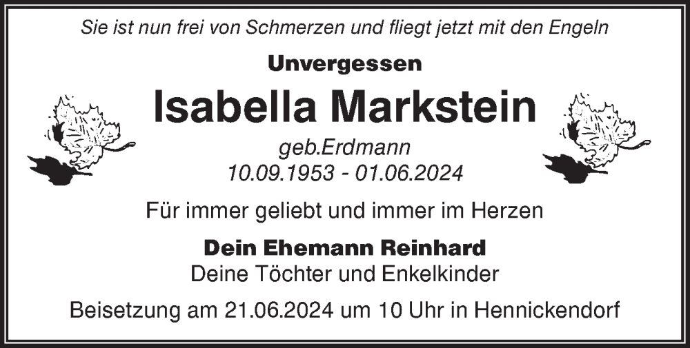  Traueranzeige für Isabella Markstein vom 10.06.2024 aus Märkische Oderzeitung