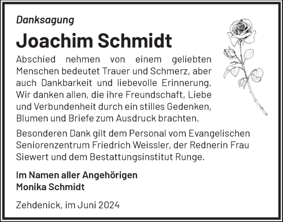 Traueranzeige von Joachim Schmidt von Märkische Oderzeitung