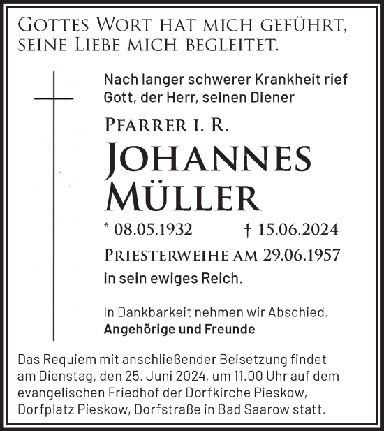 Traueranzeige von Johannes Müller von Märkische Oderzeitung