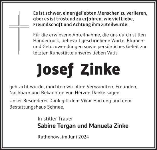 Traueranzeige von Josef Zinke von Märkische Oderzeitung