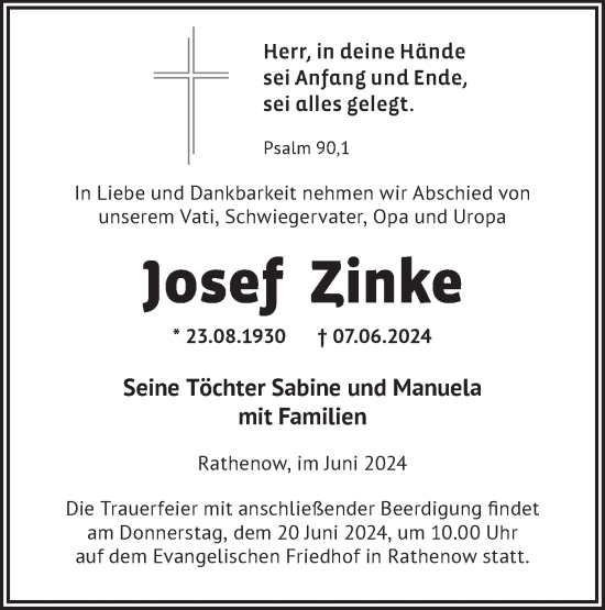 Traueranzeige von Josef Zinke von Märkische Oderzeitung