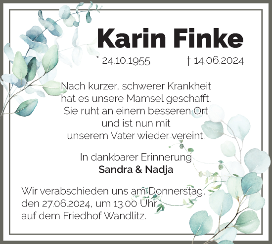 Traueranzeige von Karin Finke von Märkische Oderzeitung