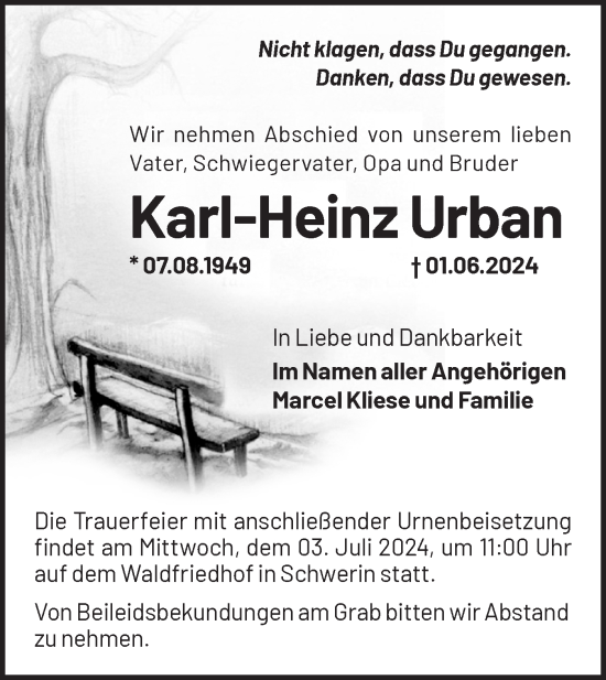 Traueranzeige von Karl-Heinz Urban von Märkische Oderzeitung