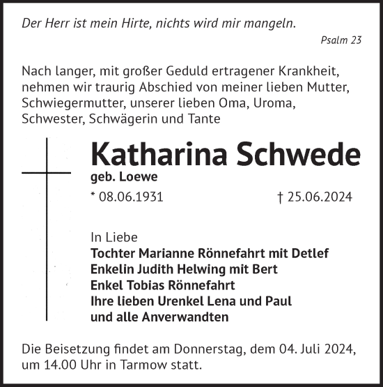 Traueranzeige von Katharina Schwede von Märkische Oderzeitung