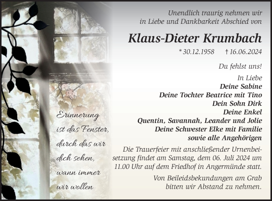 Traueranzeige von Klaus-Dieter Krumbach von Märkische Oderzeitung