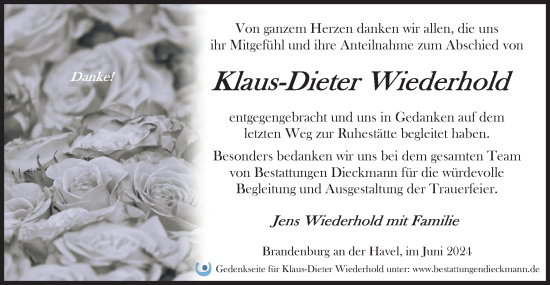 Traueranzeige von Klaus-Dieter Wiederhold von Märkische Oderzeitung