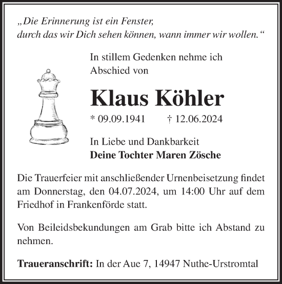 Traueranzeige von Klaus Köhler von Märkische Oderzeitung
