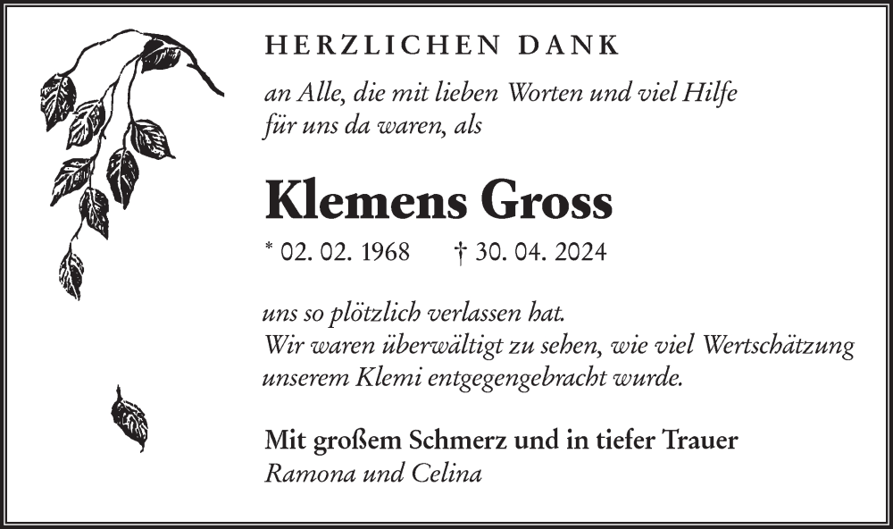  Traueranzeige für Klemens Gross vom 22.06.2024 aus Märkische Oderzeitung