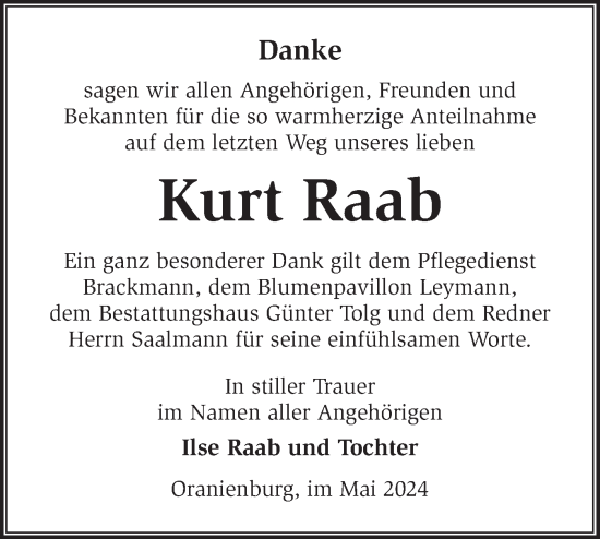 Traueranzeige von Kurt Raab von Märkische Oderzeitung