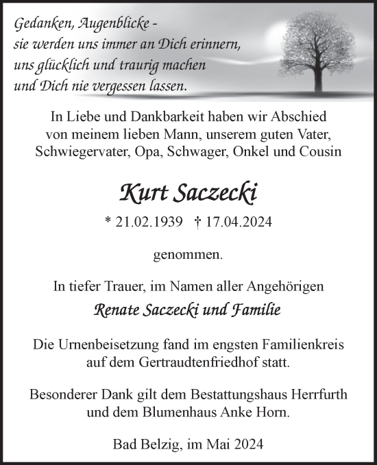 Traueranzeige von Kurt Saczecki von Märkische Oderzeitung