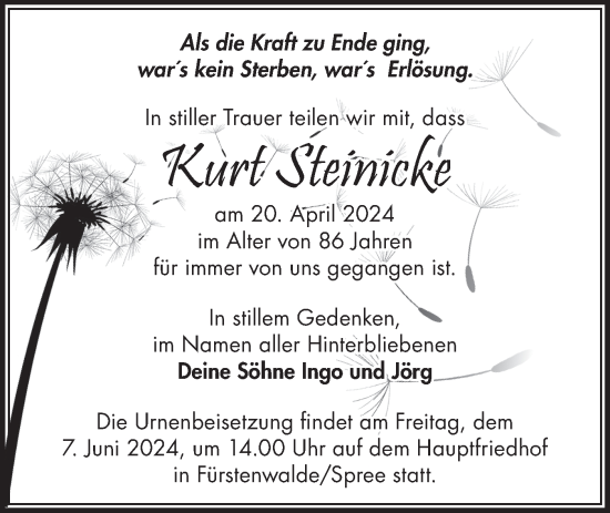 Traueranzeige von Kurt Steinicke von Märkische Oderzeitung