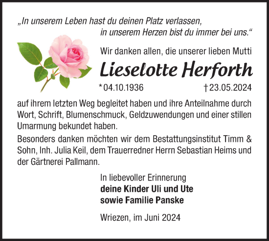 Traueranzeige von Lieselotte Herforth von Märkische Oderzeitung