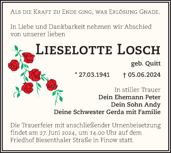 Traueranzeige von Lieselotte Losch von Märkische Oderzeitung
