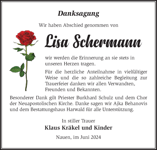 Traueranzeige von Lisa Schermann von Märkische Oderzeitung