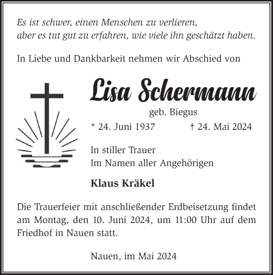 Traueranzeige von Lisa Schermann von Märkische Oderzeitung