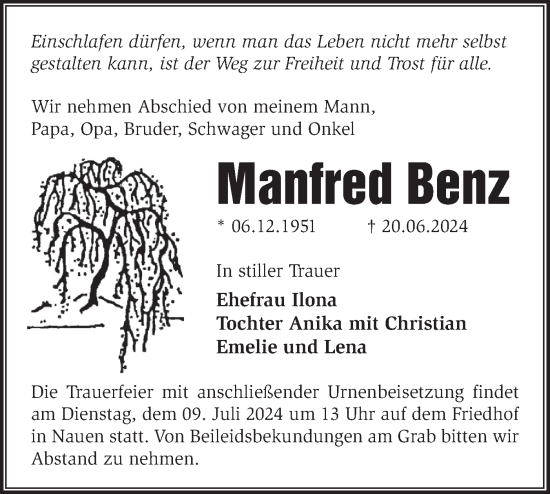 Traueranzeige von Manfred Benz von Märkische Oderzeitung