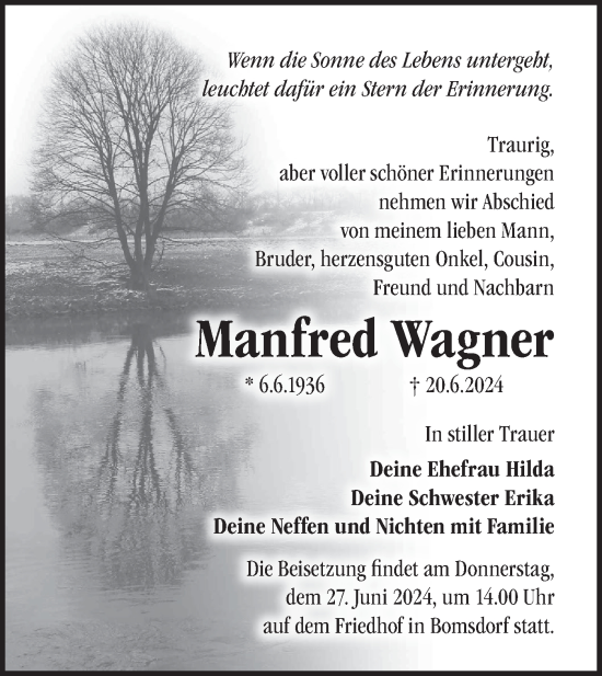 Traueranzeige von Manfred Wagner von Märkische Oderzeitung