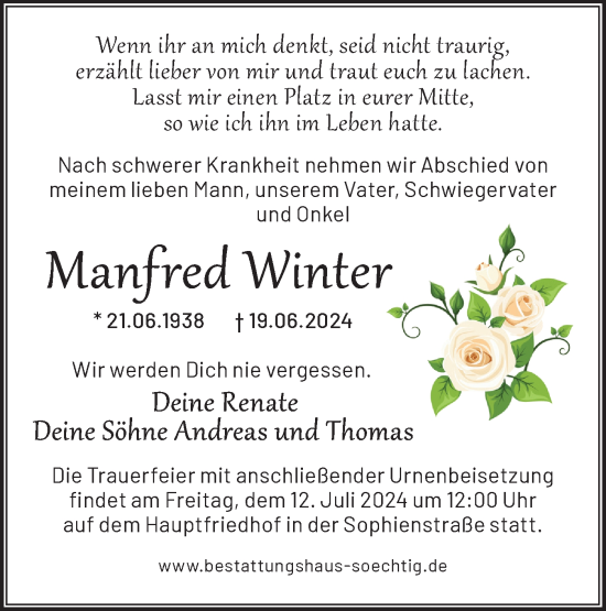 Traueranzeige von Manfred Winter von Märkische Oderzeitung