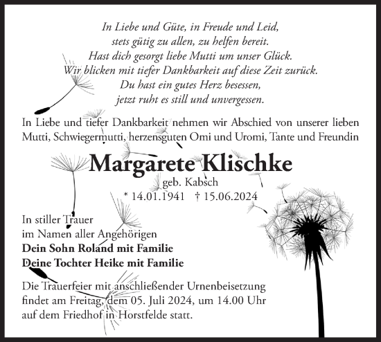 Traueranzeige von Margarete Klischke von Märkische Oderzeitung