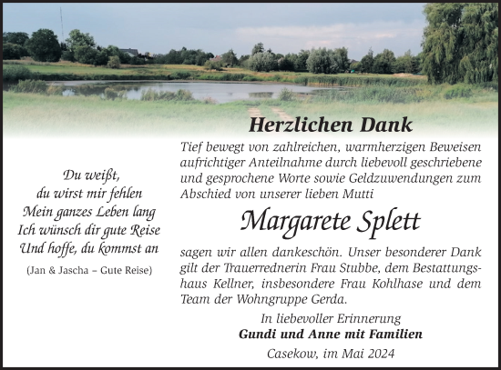 Traueranzeige von Margarete Splett von Märkische Oderzeitung