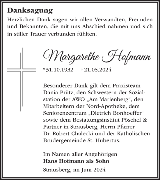 Traueranzeige von Margarethe Hofmann von Märkische Oderzeitung