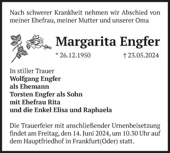 Traueranzeige von Margarita Engfer von Märkische Oderzeitung