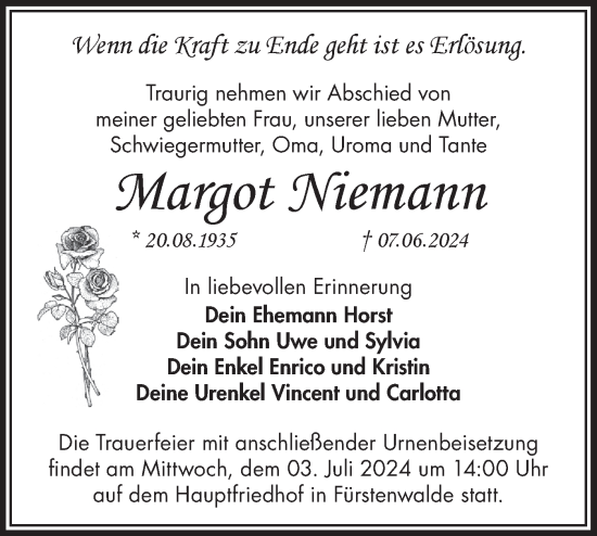 Traueranzeige von Margot Niemann von Märkische Oderzeitung