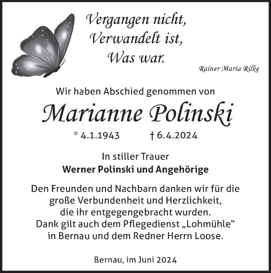 Traueranzeige von Marianne Polinski von Märkische Oderzeitung