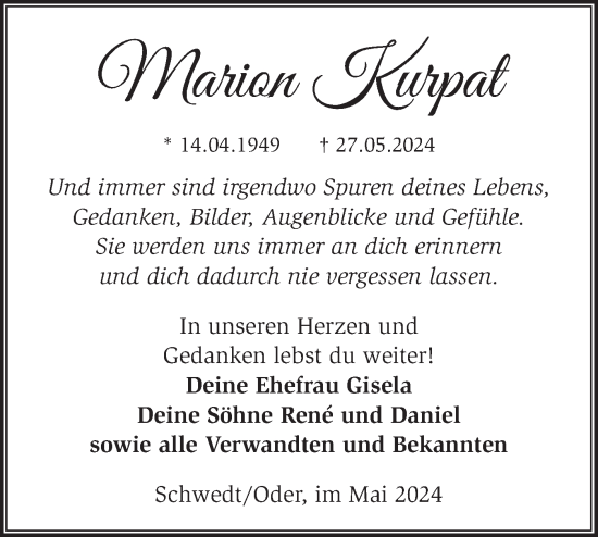 Traueranzeige von Marion Kurpat von Märkische Oderzeitung