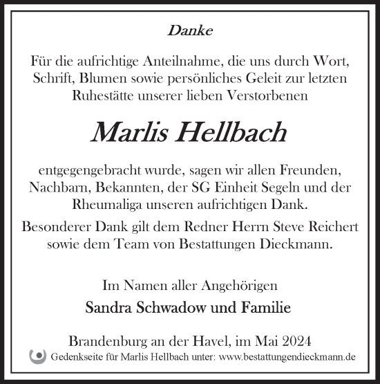 Traueranzeige von Marlis Hellbach von Märkische Oderzeitung