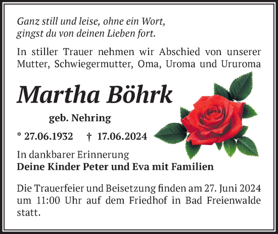 Traueranzeige von Martha Böhrk von Märkische Oderzeitung